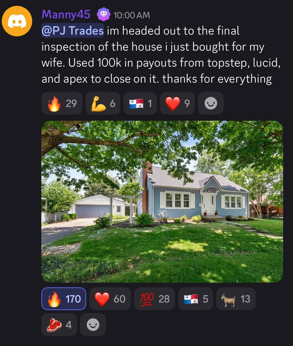 Manny45’s Discord post about closing on a house with $100K in payouts