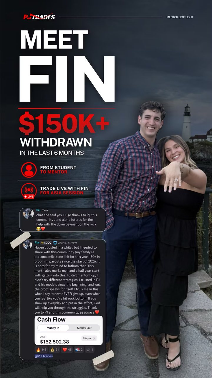 PJ Trades mentor spotlight graphic: Meet Fin, $150K+ withdrawn in the last 6 months
