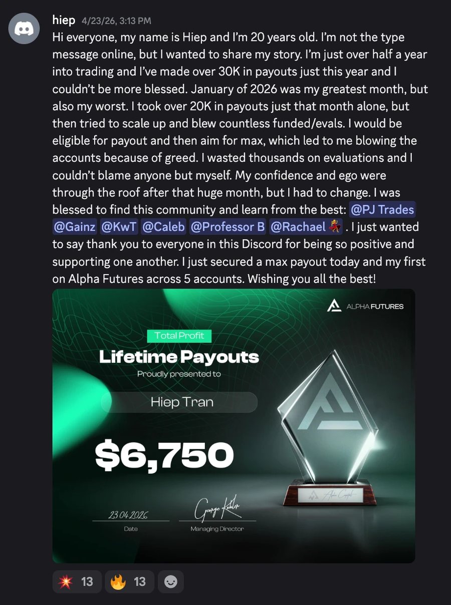 Hiep’s Discord post sharing his story, with a $6,750 Alpha Futures certificate