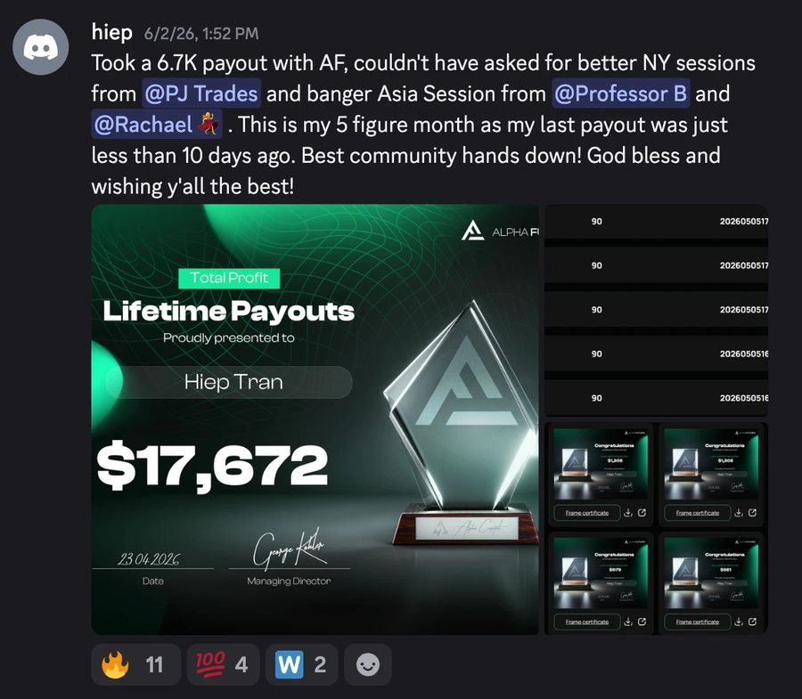Hiep’s Discord post with $17,672 in Alpha Futures lifetime payouts