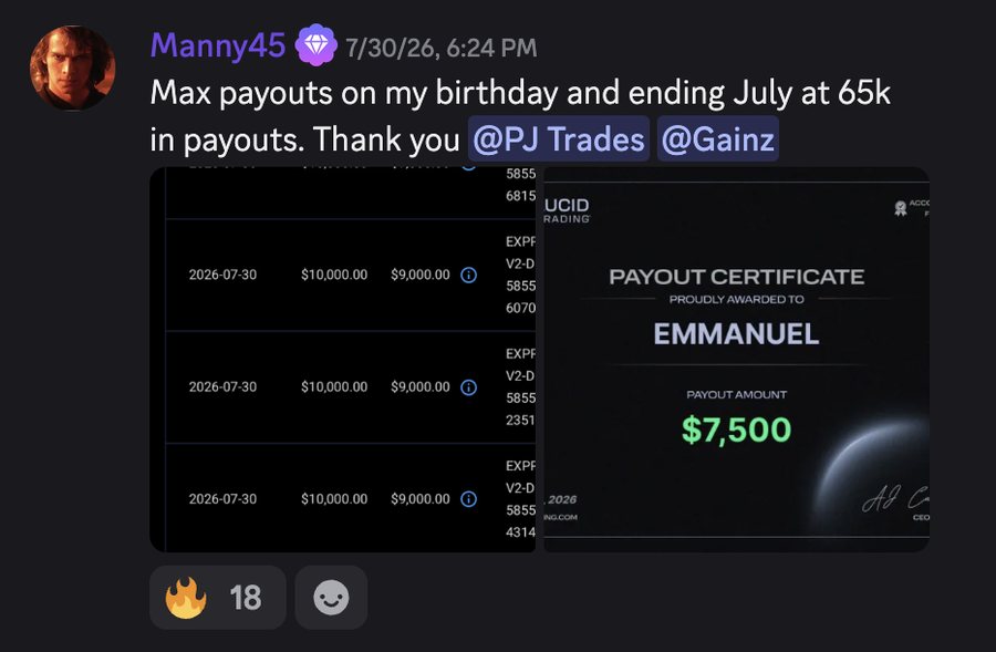 Manny45’s Discord post: max payouts on his birthday, July ends at $65K in payouts